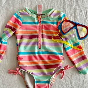Cat & Jack Toddler Girls Rashguard One Piece 2T Rainbow Stripe Swimsuit, goggles